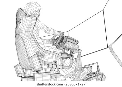 Wireframe de uma menina sentada em um simulador de jogo realista com um volante, pedais e três monitores feitos de linhas pretas isoladas em um fundo branco. Vista lateral. Ilustração vetorial. 3QUINQUIES.