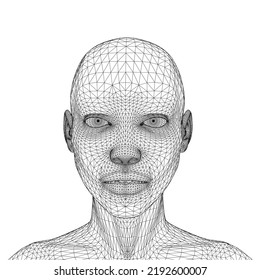 Wireframe of a girl's head from black lines isolated on white background. Front view. 3D. Vector illustration.