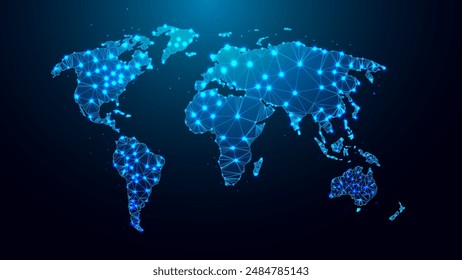 Wireframe Global Map with Interconnected Network Points, lines and triangles. Vector Illustration