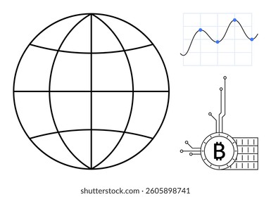 Wireframe globe, Bitcoin symbol with circuit connections, graph showcasing data trends. Ideal for global connectivity, cryptocurrency, data analysis, blockchain, financial technology. Minimalist