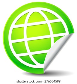 Wire-frame globe on peeling green sticker. Vector icon.