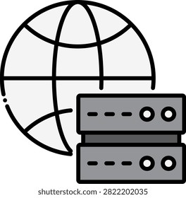 Wireframe globe positioned behind a small dark server rack. This geographic layout illustrates international web hosting and global data center locations. Excellent for worldwide hosting providers and content delivery network maps.