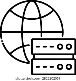 Wireframe globe positioned behind a small dark server rack. This geographic layout illustrates international web hosting and global data center locations. Excellent for worldwide hosting providers and content delivery network maps.