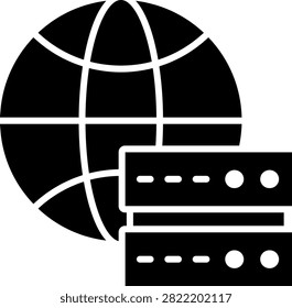 Wireframe globe positioned behind a small dark server rack. This geographic layout illustrates international web hosting and global data center locations. Excellent for worldwide hosting providers and content delivery network maps.