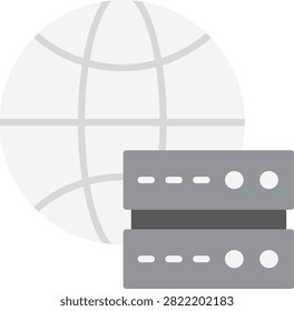 Wireframe globe positioned behind a small dark server rack. This geographic layout illustrates international web hosting and global data center locations. Excellent for worldwide hosting providers and content delivery network maps.