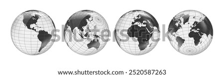 Wireframe globe set. Earth planet globe set from different views with meridians and parallels. 3D vector EPS 10