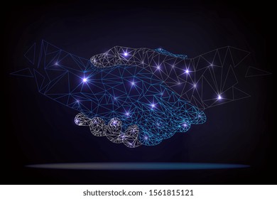 Wire-frame glowing handshake, technology business, friendship concept. Vector illustration