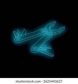 Wireframe glowing multitool pliers with different tools on a dark background