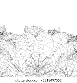 Wireframe Grass with herbs and wild flowers. Vector isolated wireframe of floral meadow. Horizontal border Outline Flowers and herbs isolated on white background. Hand drawn sketch flowers and insects