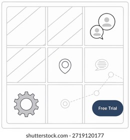Wireframe Grid with Icons for Communication Location Settings and Free Trial Button abstract application
