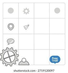 Wireframe Grid with Icons for Settings Messaging Location and Free Trial abstract application