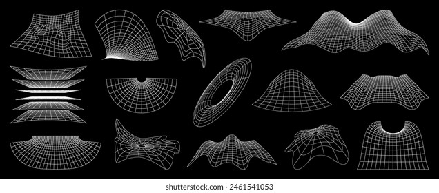 Wireframe grid and mesh, futuristic net. 3d vector set of cyber neo futuristic shapes, wavy geometric perspective plane. Abstract structures deformation, flowing surface. 80S cyberpunk meshy elements