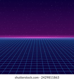 Wireframe grid. Retro virtual background. Futuristic landscape. Vector illustration.