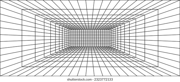 Wireframe grid room. 3d perspective background. Futuristic digital outline space. Black and white geometric design. Vector template illustration