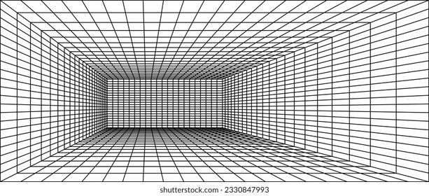 Wireframe grid room. 3d perspective background. Futuristic digital outline space. Black and white geometric design. Vector template illustration. Angle point of view.