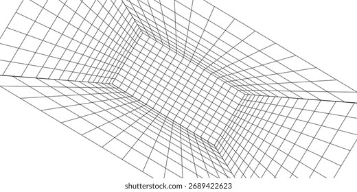 Sala de rejilla de alambre. Fondo de perspectiva 3D. Espacio de contorno digital futurista. Diseño geométrico en blanco y negro. Ilustración de Plantilla de Vector. Ángulo de visión.