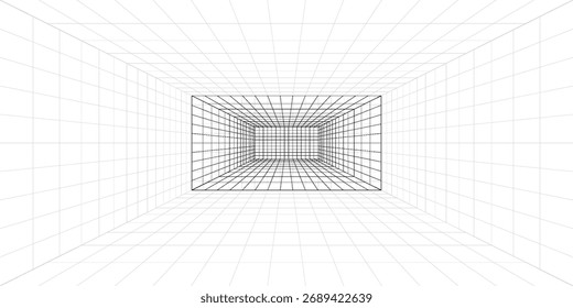 Sala de rejilla de alambre. Fondo de perspectiva 3D. Espacio de contorno digital futurista. Diseño geométrico en blanco y negro. Ilustración de Plantilla de Vector. Eps10