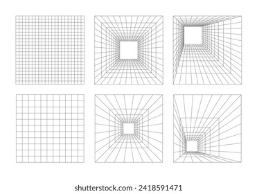 Wireframe grid set. Perspective view and projection design elements.