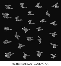 Um grupo de pessoas correndo em diferentes direções sobre um fundo preto, simbolizando a evolução humana e o movimento dinâmico. O desenho de linha minimalista usa uma perspectiva de cima para baixo para representar.