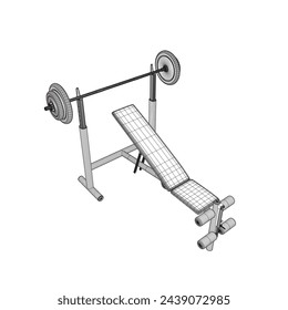 Alambre de banco de gimnasio y barra en soporte blanco aislado sobre fondo blanco. Ilustración vectorial. Vector de arte de línea de Barbell Bench Press. Vista isométrica. 3P.