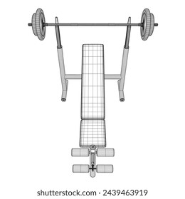 Alambre de banco de gimnasio y barra en soporte blanco aislado sobre fondo blanco. Ilustración vectorial. Vector de arte de línea de Barbell Bench Press. Vista superior. 3P.