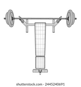 Wireframe of Gym bench and barbell on white stand isolated on white background. Vector illustration. Line art vector of Barbell Bench Press. Top view. 3D.