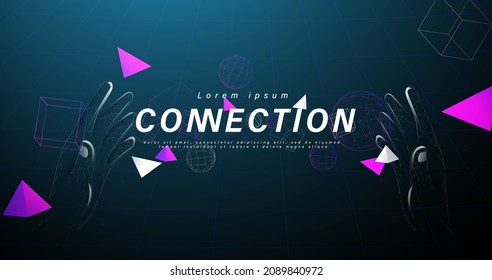 Wireframe hand in 3D virtual reality technology. Visualization and simulation, 3D, AR, and VR