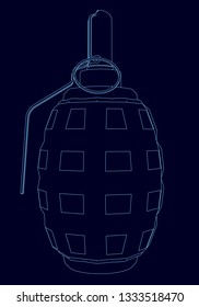 Wireframe hand grenades from the blue lines on a dark background. Vector illustration
