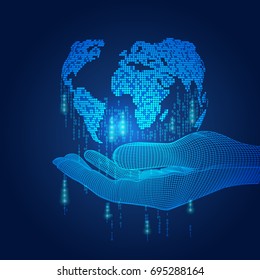 wireframe hand holding digital globe combined with binary code; concept of advancement technology world