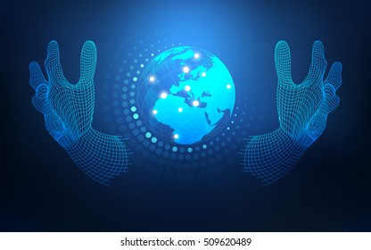 Wireframe Hand Holding Globe; Concept Of Communication World Or Global Network