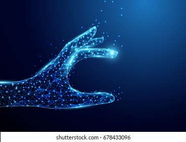 Wireframe A hand picking something sign mesh from a starry on blue background