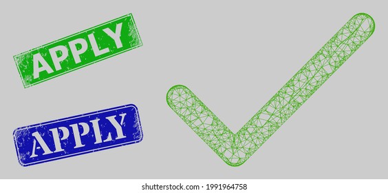 Wireframe hatched mesh apply tick model, and Apply blue and green rectangle textured stamp seals. Frame network image based on apply tick icon.