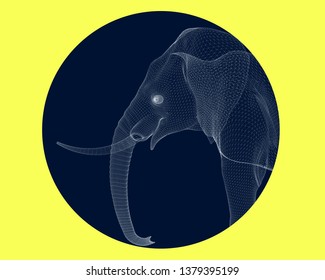 Wireframe of the head of an elephant in a circle. 3D Polygonal elephant made from white lines. Vector illustration.