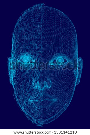 Wireframe head girls half broken. Polygonal human head from blue lines on a dark background. 3D. The girl face is half shattered into shards. Vector illustration