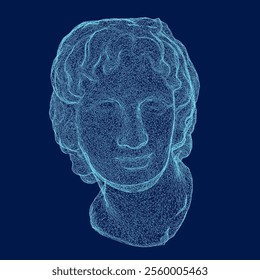 Wireframe head of the statue of David. Figure isolated on blue background. 3D. Vector illustration