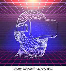 Wireframe Head With Virtual Reality Headset in Cyberspace With Laser Grids. Retro Futuristic Template in 80s Style