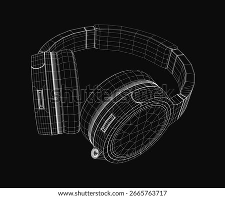 Wireframe headphones rendered in 3D with realistic details, showcasing intricate mesh structure on a sleek black background. The design highlights modern aesthetics and technical precision.