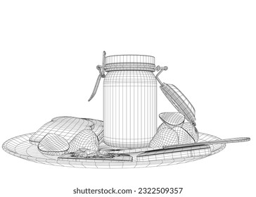 Wireframe healthy morning food and breakfast meals hand drawn with wireframe lines on white background - toasts, strawberry. Vector illustration. 3D.
