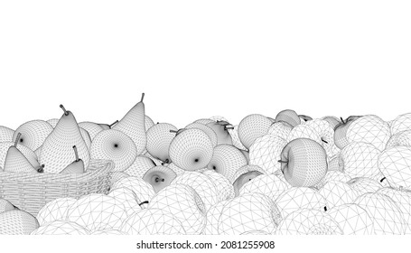Wireframe of a heap of apples and pears, and a basket of black lines isolated on a white background. Background with apples. 3D. Vector illustration