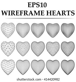 Wireframe Heart Set. Three Type Heart, Five Different Resolution.