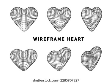Wireframe heart sphere in different positions. Abstract cyberpunk elements in trendy style