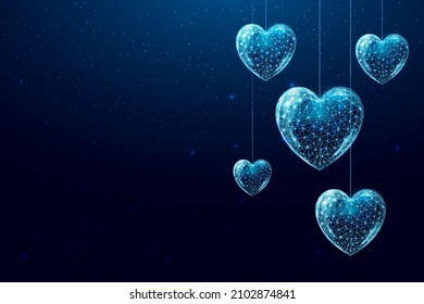 Wireframe hearts in low poly style. Happy Valentine's day banner. Abstract modern 3d vector illustration on dark blue background.