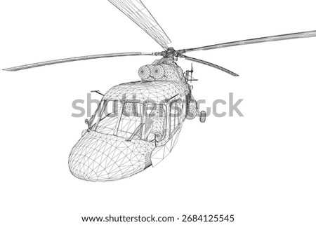Wireframe helicopter model displays detailed structural framework with transparent surfaces. The 3D rendering highlights rotor blades, cockpit, and landing gear on a clean white background.
