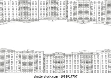 Wireframe of high rise buildings from below and from above illustration. Vector illustration