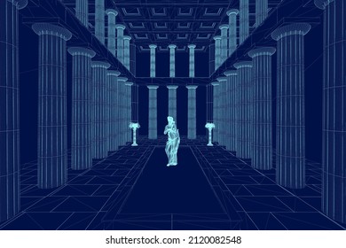 Wireframe with a historical hall with columns and a statue made of blue lines isolated on a white background. 3D. Vector illustration