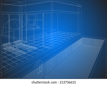 Wireframe home exterior on a blue background