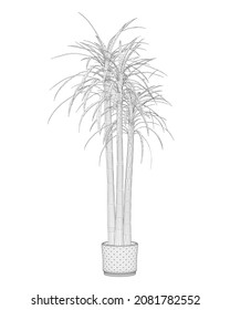 Flor casera de armazón con tallo largo y hojas en una olla aisladas en fondo blanco. 3 D. Ilustración del vector