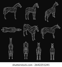 Wireframe horses arranged symmetrically on a black background, each with a unique geometric design. The set features varied shapes and sizes, creating a striking visual pattern.