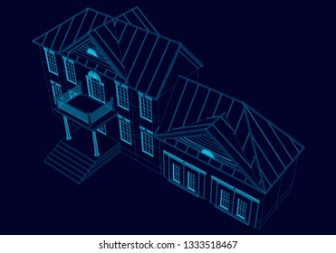 Wireframe of the house of the blue lines on a dark background. 3D Vector illustration