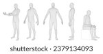 Wireframe human body. Polygonal 3D mesh male character, man dummy hologram grid and virtual reality cyber human model. Vector set with editable stroke paths body wireframe illustration